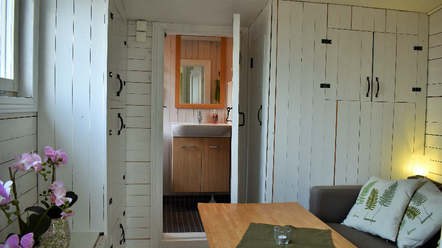 litet rum med soffa samt ingång till badrum